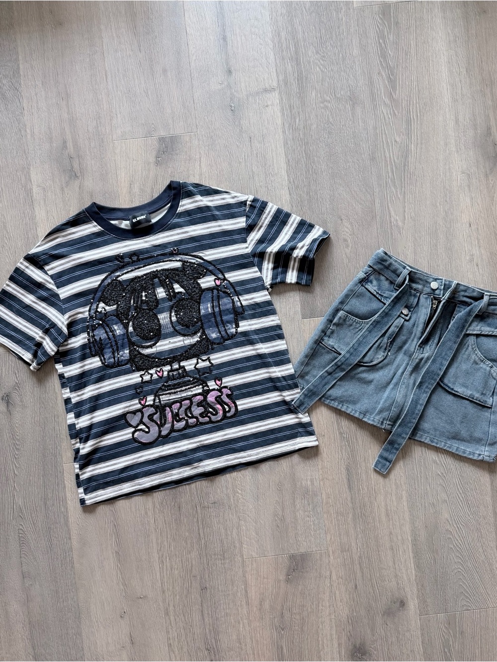 Y2K Cyberpunk Striped Sequin Graphic Tee & Belted Denim Mini Skirt Set